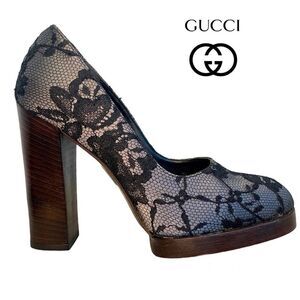TOM Ford for Gucci Black and Gray Lace Silk Platform Heels Sz 35🔥